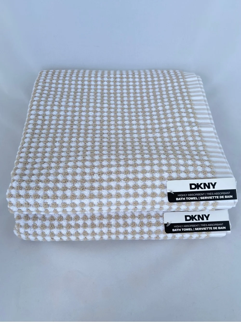 NWT 2Pc DKNY Beige White Gingham Checkerboard Check Bath Towels Soft 100% Cotton